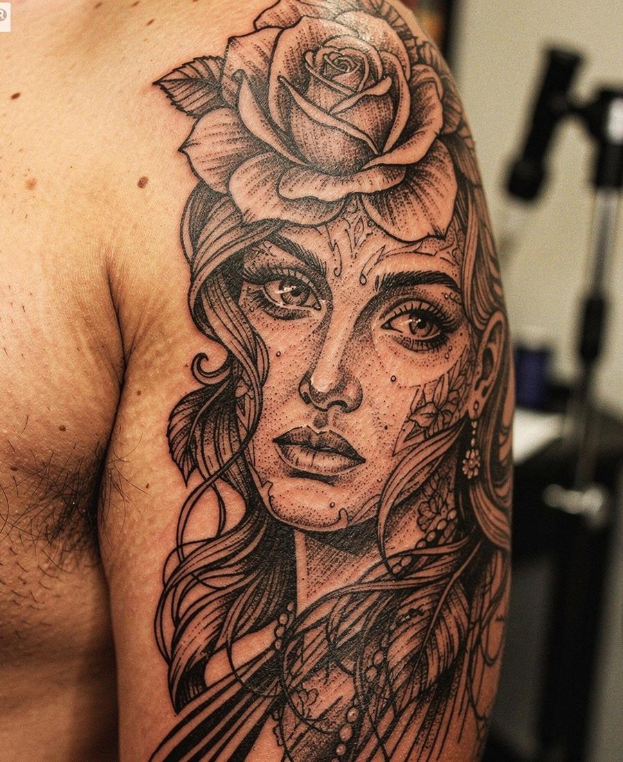 Blackwork tattoo close-up on skin, studio portfolio preview